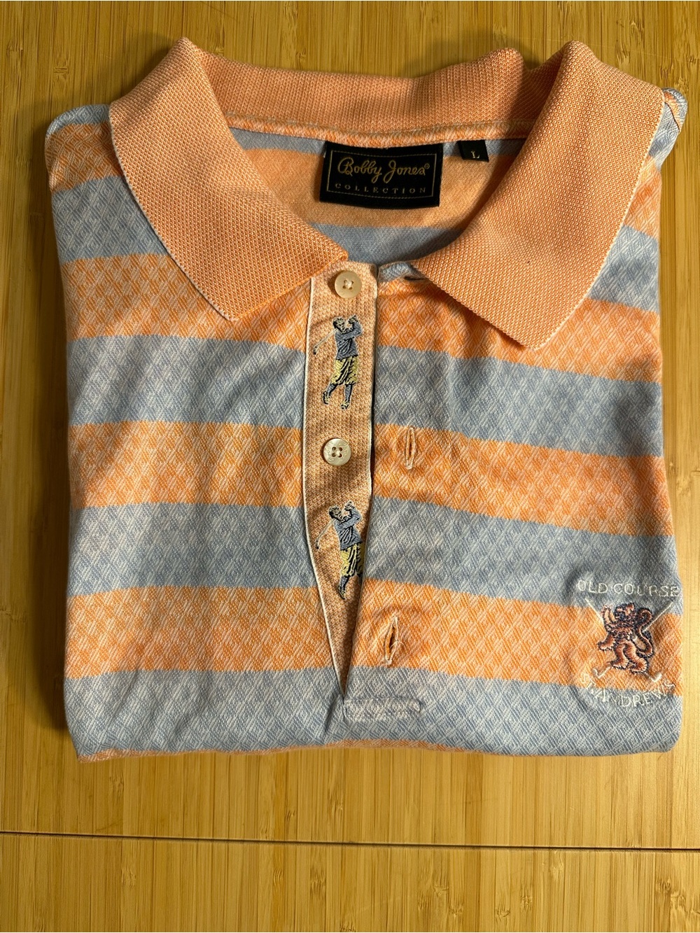 Bobby Jones Peach and Light Blue Striped Polo- St Andrew’s Crest- Made in Italy